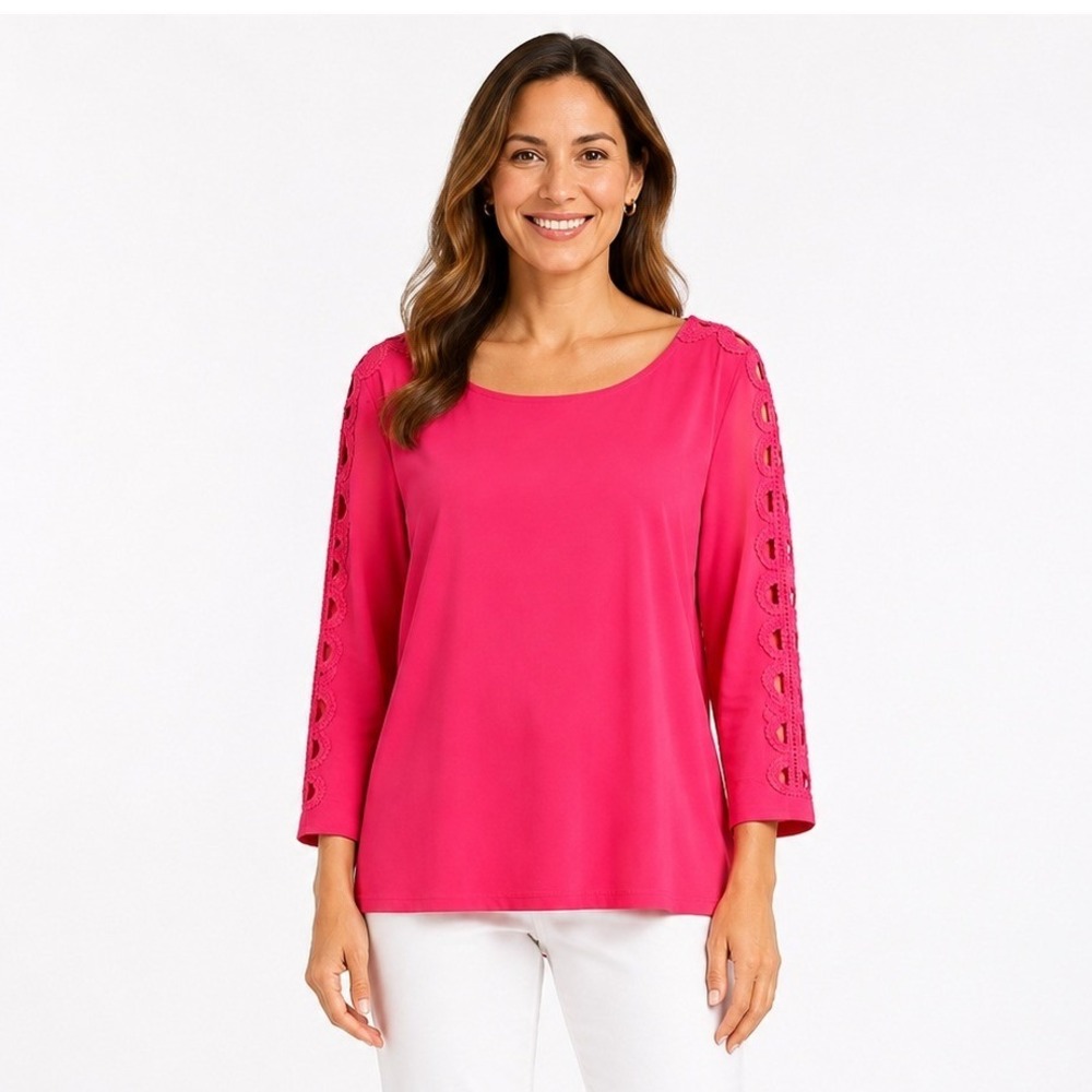 Talbots Women's Long Sleeve Crochet Sleeve Detail Pullover Top Blouse Size XL